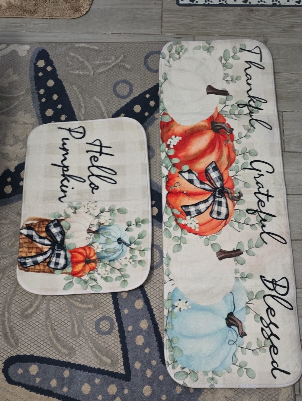Hello Pumpkin Decorative Fall Mat Set - Orange & White Pumpkins